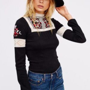 Free People Embroidered Mockneck / turtleneck Top